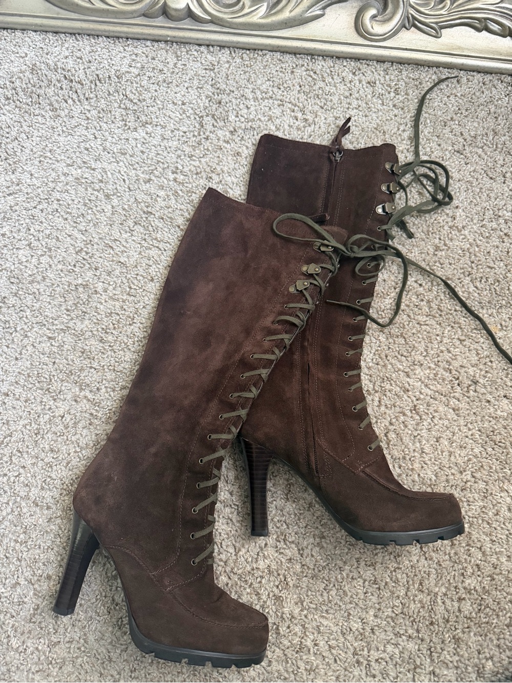 Lauren Ralph Lauren Brown Suede Lace-Up High Heel Boots